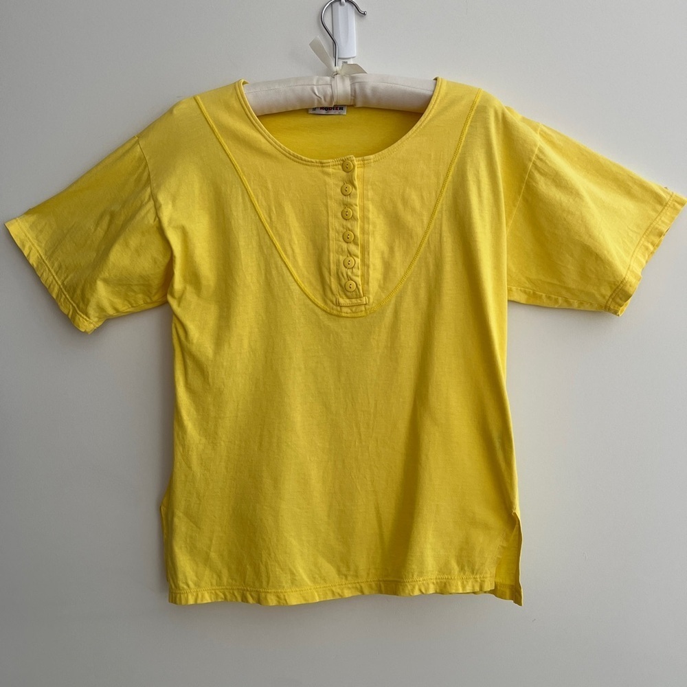 RODIER Vintage Short Sleeve Henley T-Shirt Made France Bright Yellow Scoop Neck